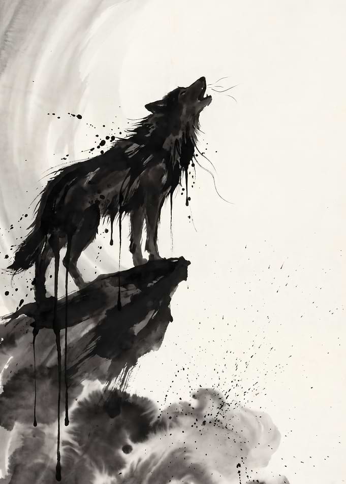 Ink Wash Painting of Howling Wolf