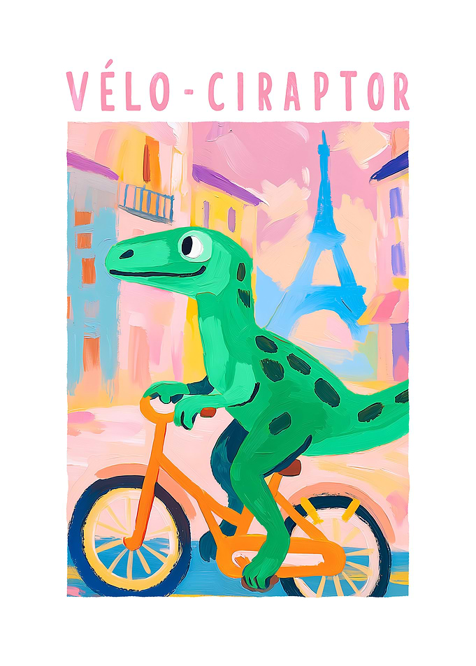 Vélo-ciraptor dinosaur riding a bicycle