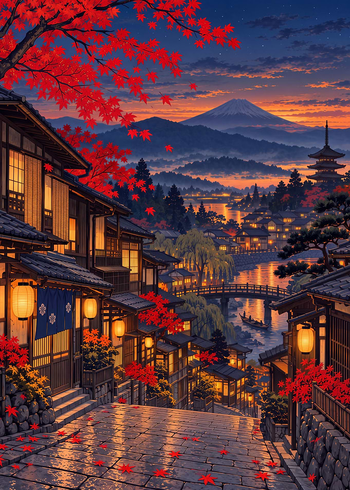 Maple Leaves over a Japanese Village at Sunset