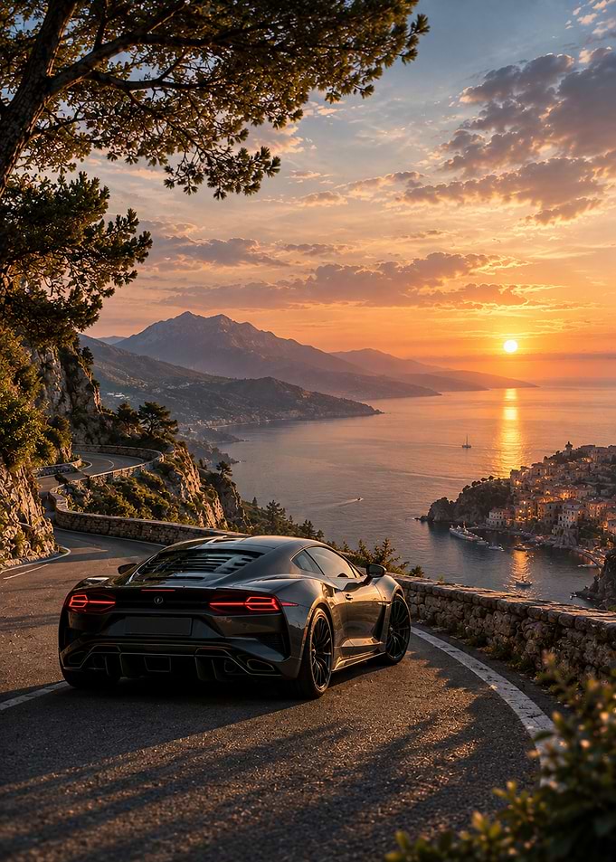 Supercar on Coastal Road at Sunset