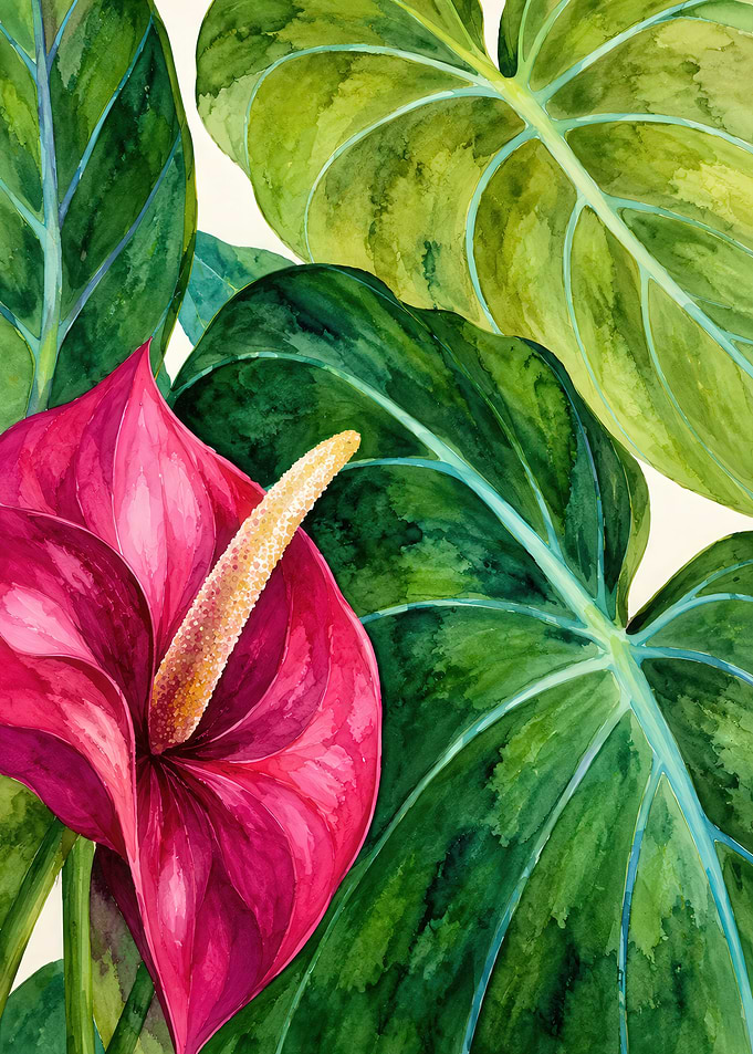 Vibrant Watercolor Anthurium and Tropical Leaves
