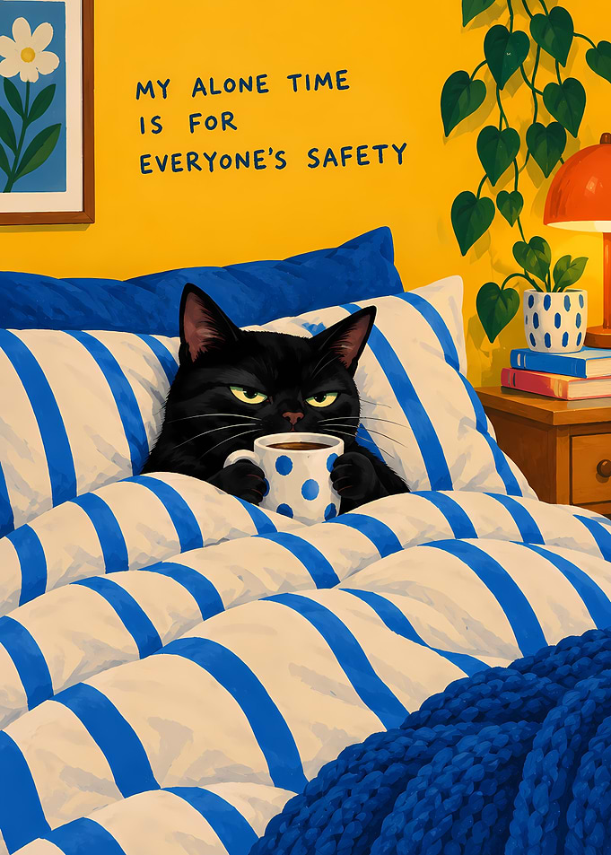 Grumpy Black Cat Drinking Coffee