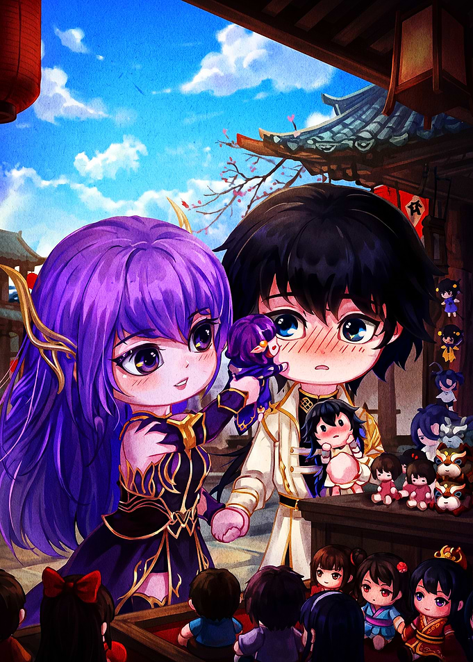 Chibi Anime Couple at Market Stall