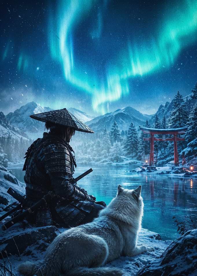 Samurai Wolf Northern Lights Art