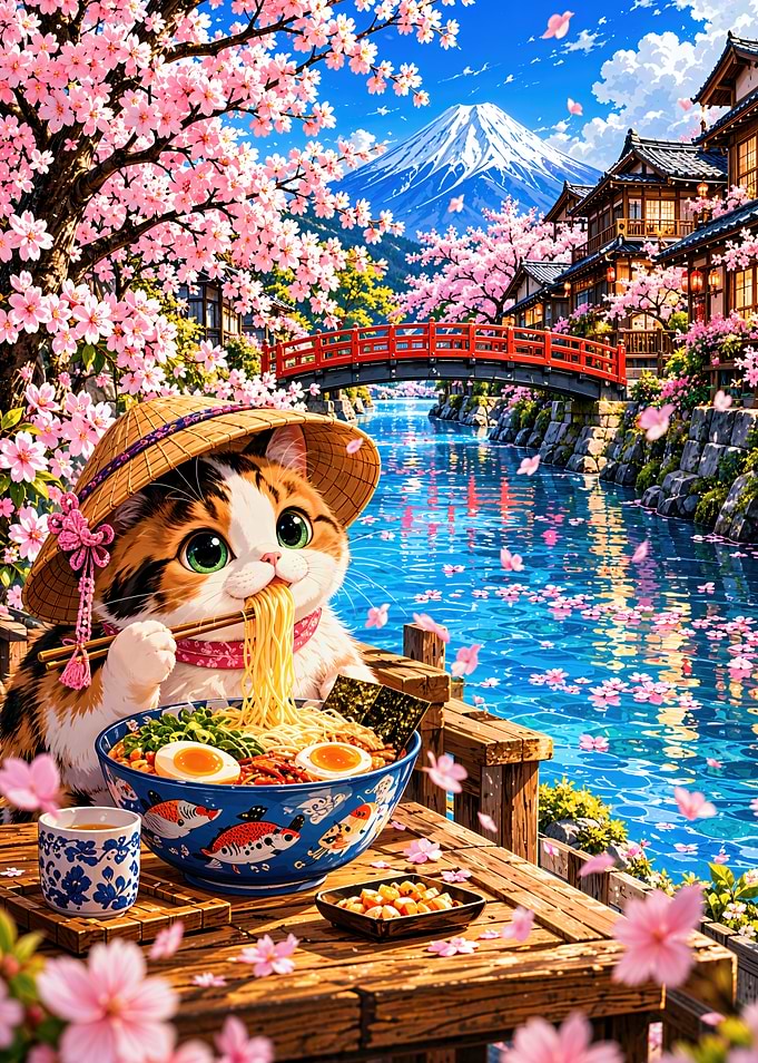 Cute Cat Eating Ramen in Japan