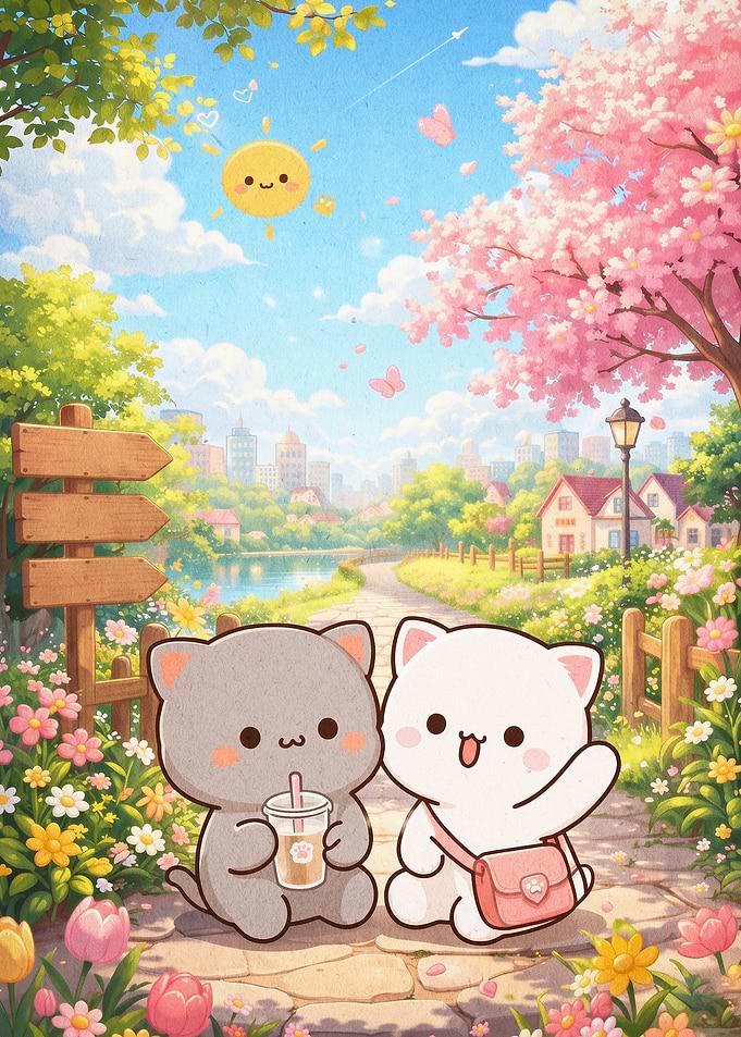 Cute Cat Friends Kawaii Anime Art