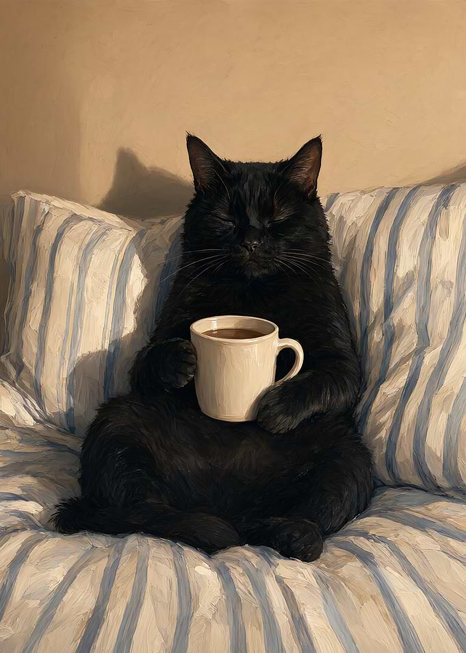 Black Cat Holding a Coffee Mug