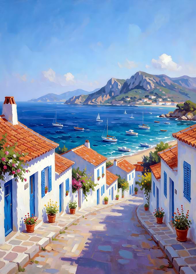 Mediterranean Coastal Village Street View