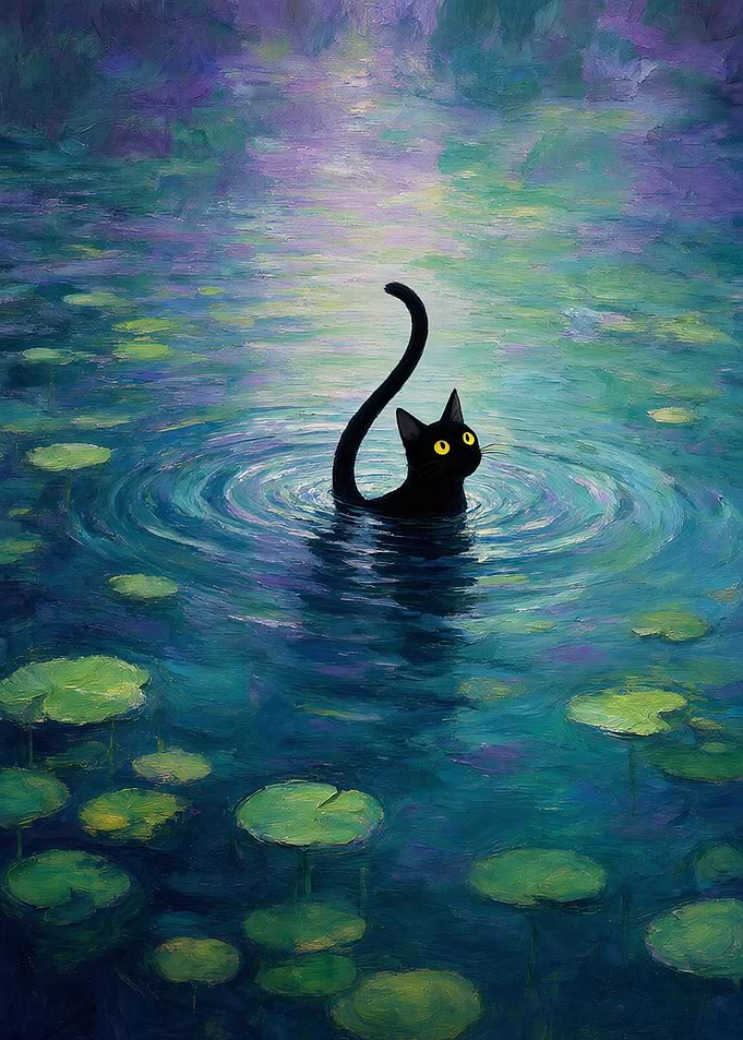 Black Cat Swimming in Pond