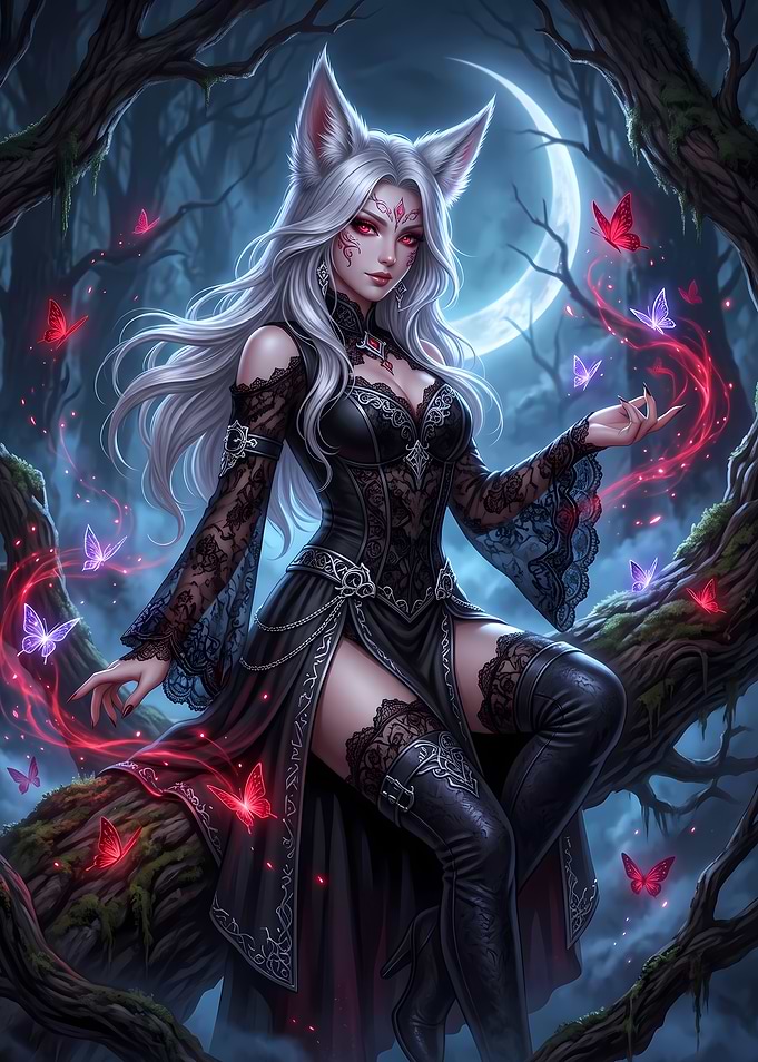 Mystical Fox Girl in Dark Forest