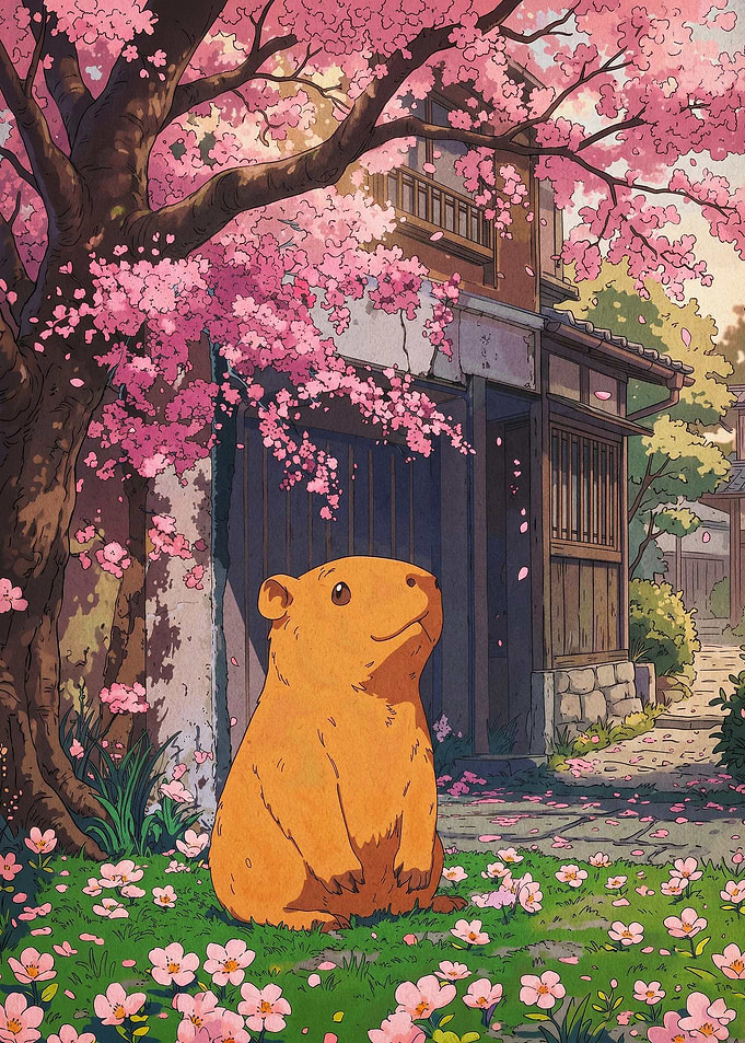 Capibara Blossom Anime Art Poster
