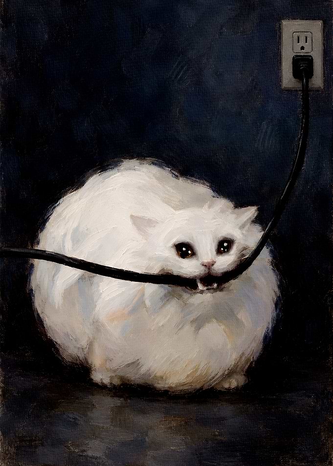 Oil Painting of Fluffy Cat Biting Cord