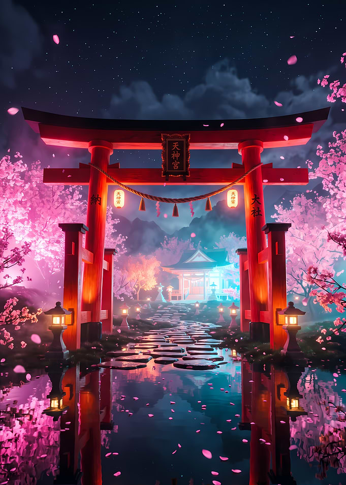 Nighttime Torii Gate and Cherry Blossoms
