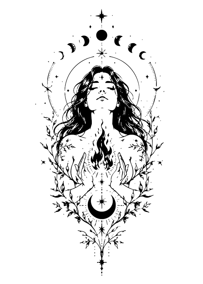Celestial Goddess with Fire Tattoo Design