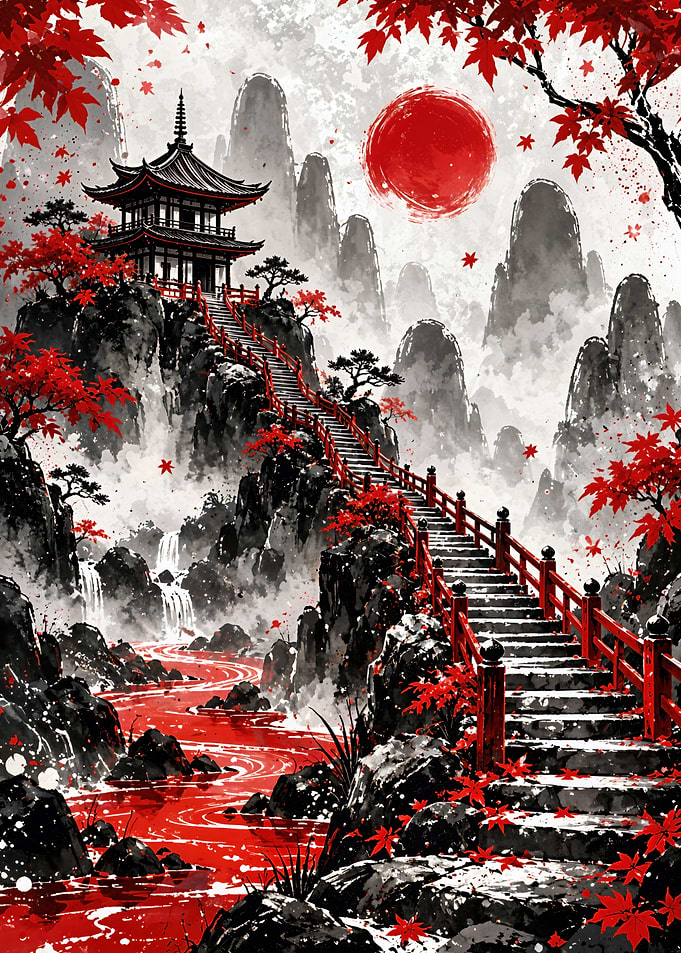 Japanese Temple with Red Maple Forest