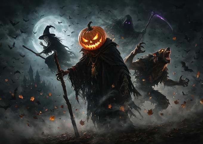 Halloween Night Monsters and Witches