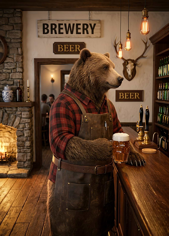 Bear Bartender in Rustic Pub drink Beer