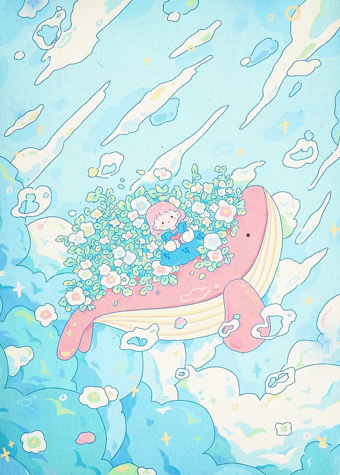 Pink Whale Sky Cute Anime Art