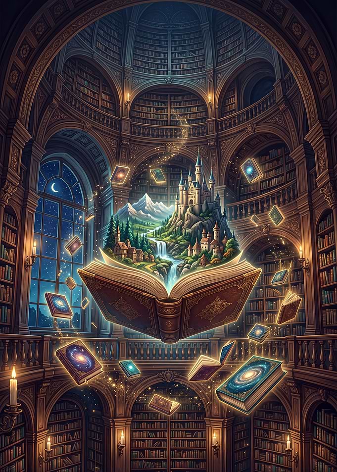 Magical Library with Floating Fantasy Book