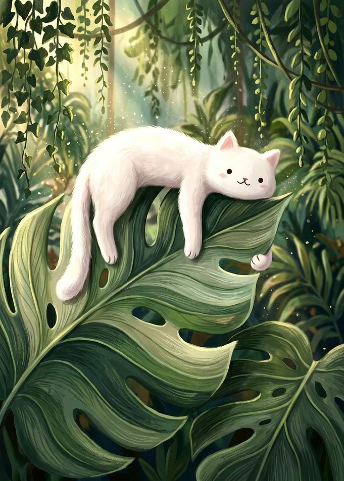 Cute White Cat Resting on Leaf