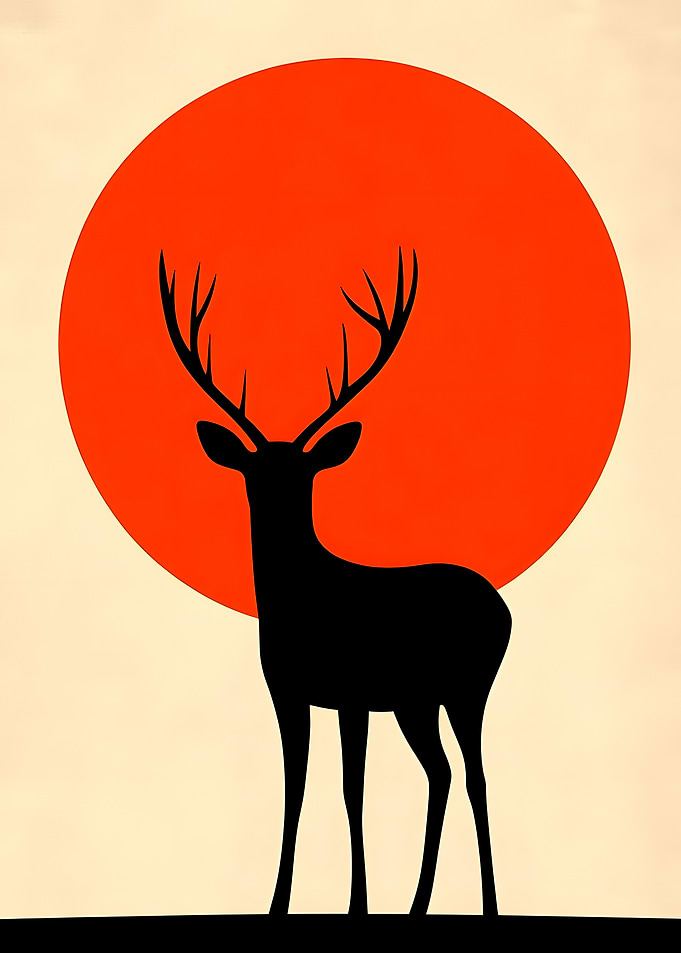 Minimalist Deer Silhouette with Red Sun