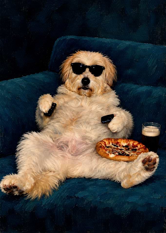 Cool Dog Relaxing with Pizza