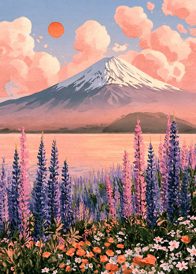 Mount Fuji with Lupine Flowers