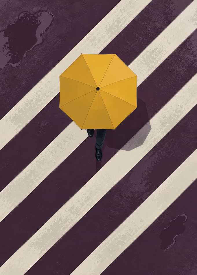 Person with Yellow Umbrella Crossing Street