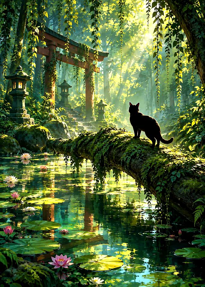 Black Cat in Enchanted Forest