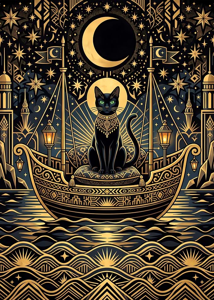 Mystical Black Cat on Golden Boat