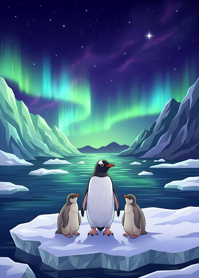 Penguin Family Under Northern Lights