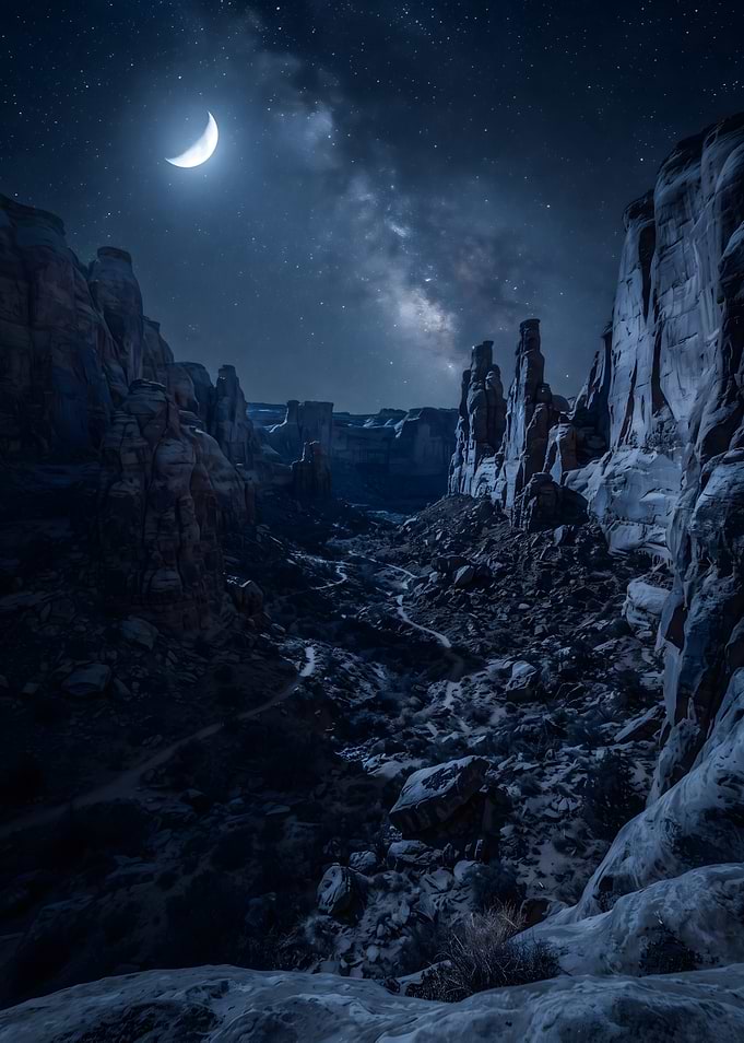 Moonlit Canyon Under Starry Sky