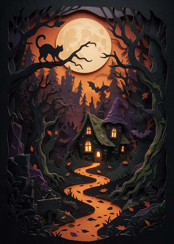 Layered Paper Cutout Halloween Scene