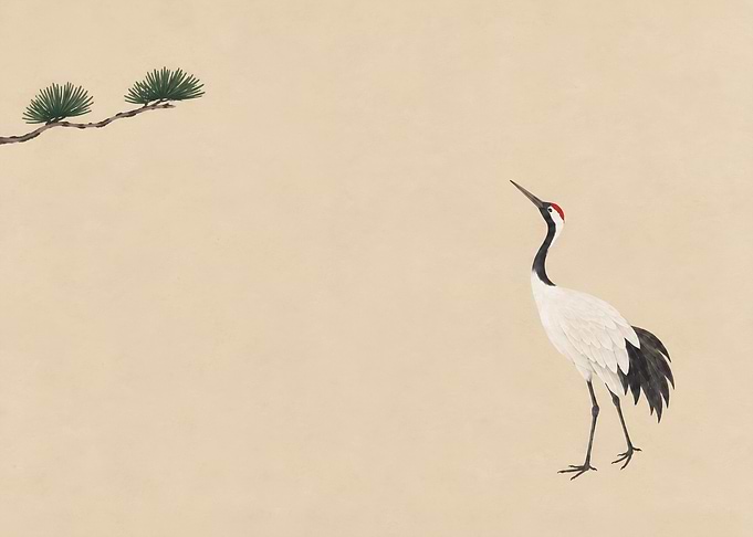 Crane and Pine β Japandi Japanese Bird Art