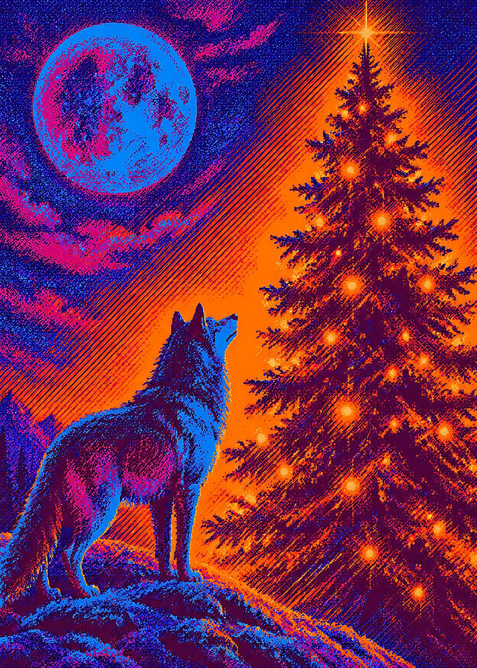Neon Wolf and Christmas Tree