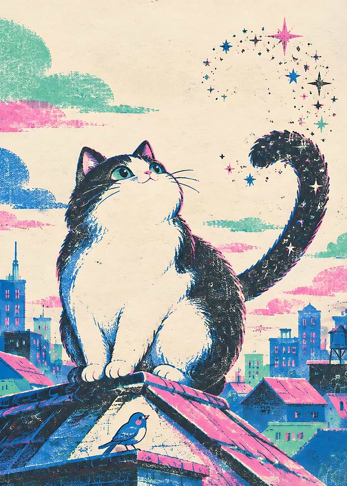 Magical Cat on City Rooftop