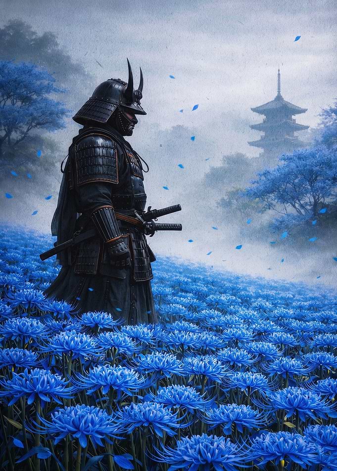 Samurai Blue Flowers Epic Art Poste