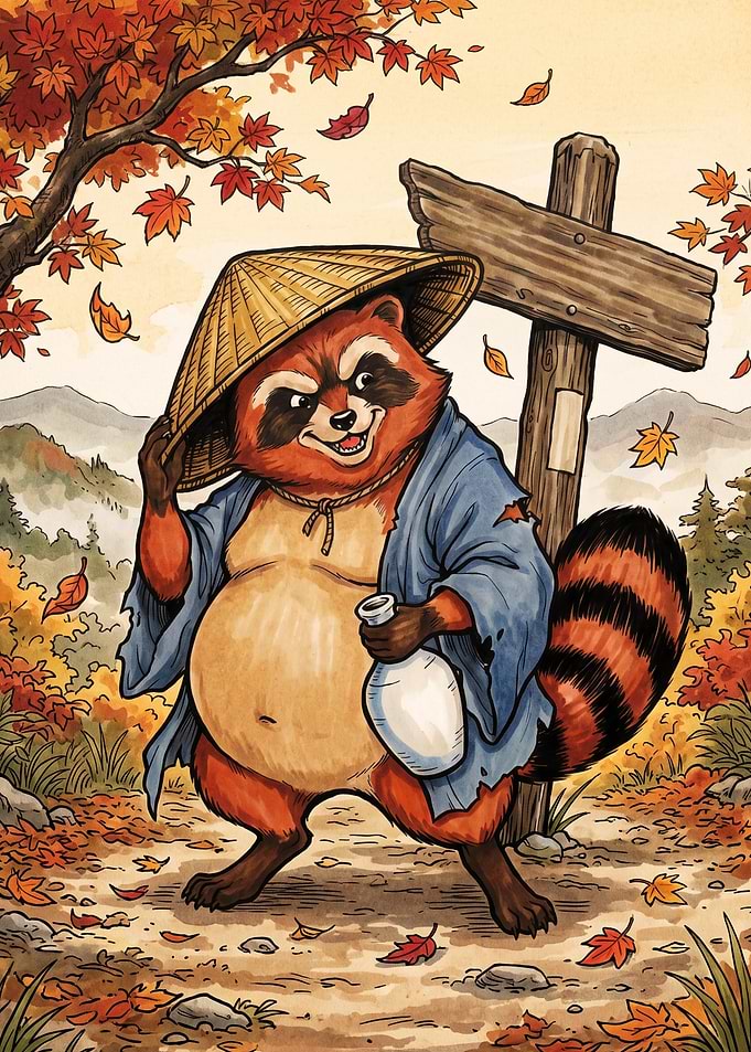 Tanuki Raccoon in Autumn Forest