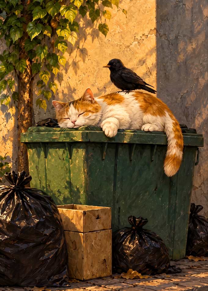Cat and Bird Resting on Bin