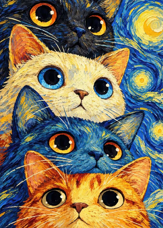 Stack of Cats Starry Night Style