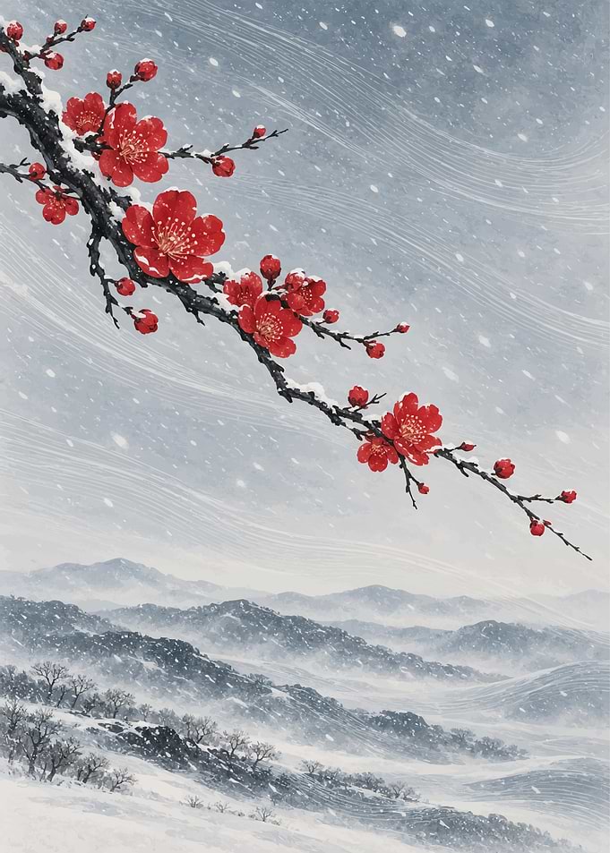 Snowy Plum Blossoms in Winter Landscape