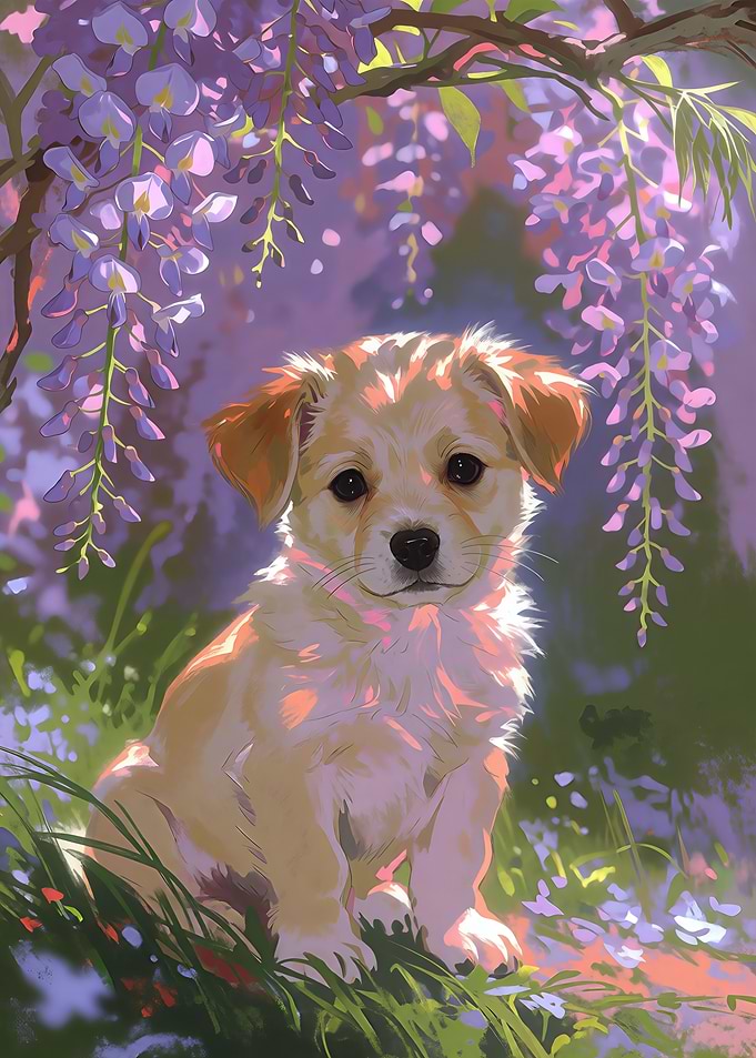 Puppy Sitting Under Wisteria Flowers