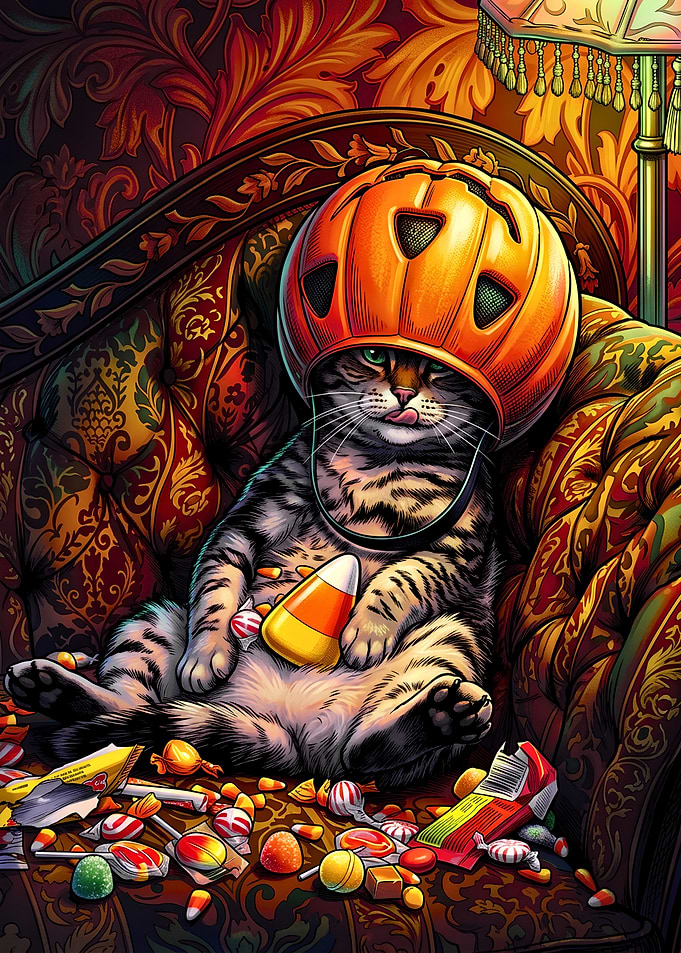 Cat Wearing Pumpkin Helmet With Candy