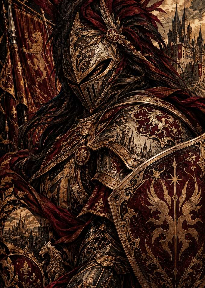 Majestic Armored Knight with Red Banner