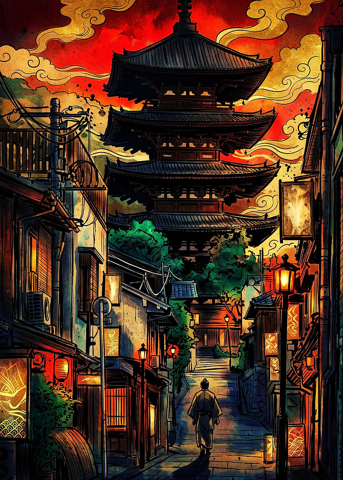 Traditional Japanese Street with Pagoda