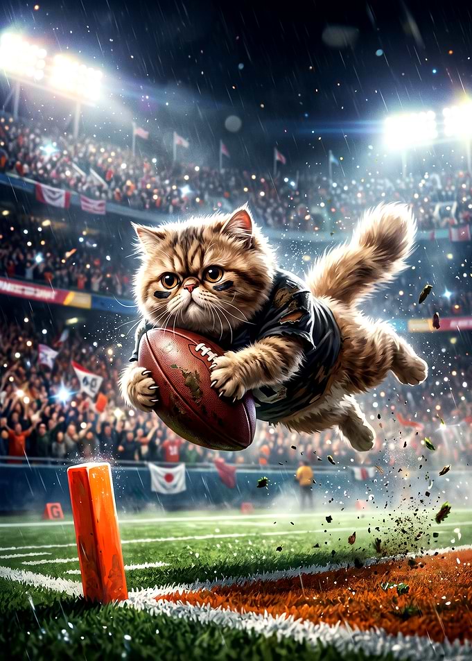 Cute Cat Scoring Football Touchdown