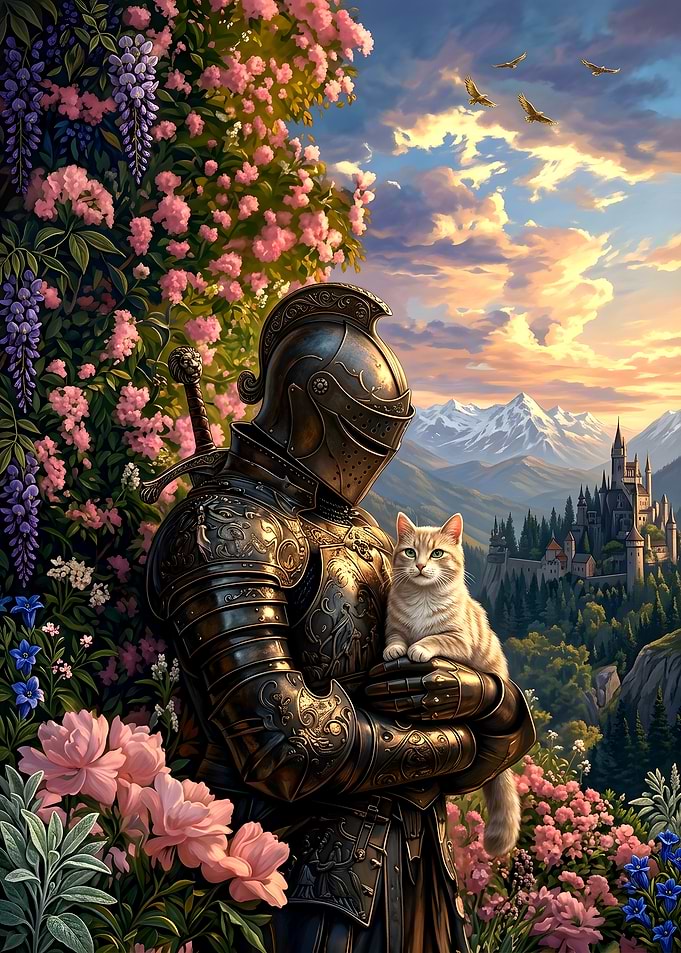Knight Holding a Cat in Garden