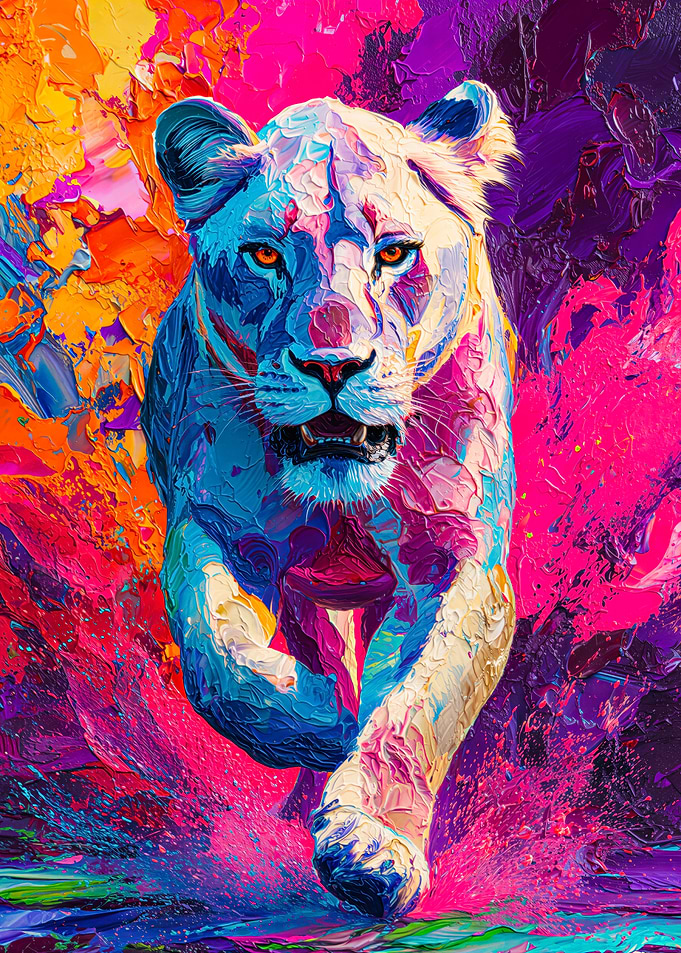Neon Impasto Lioness Charging Through Explosive Color