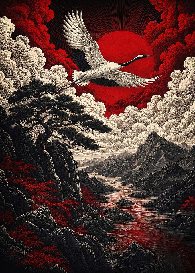 Japanese Crane Red Sun Dark Art