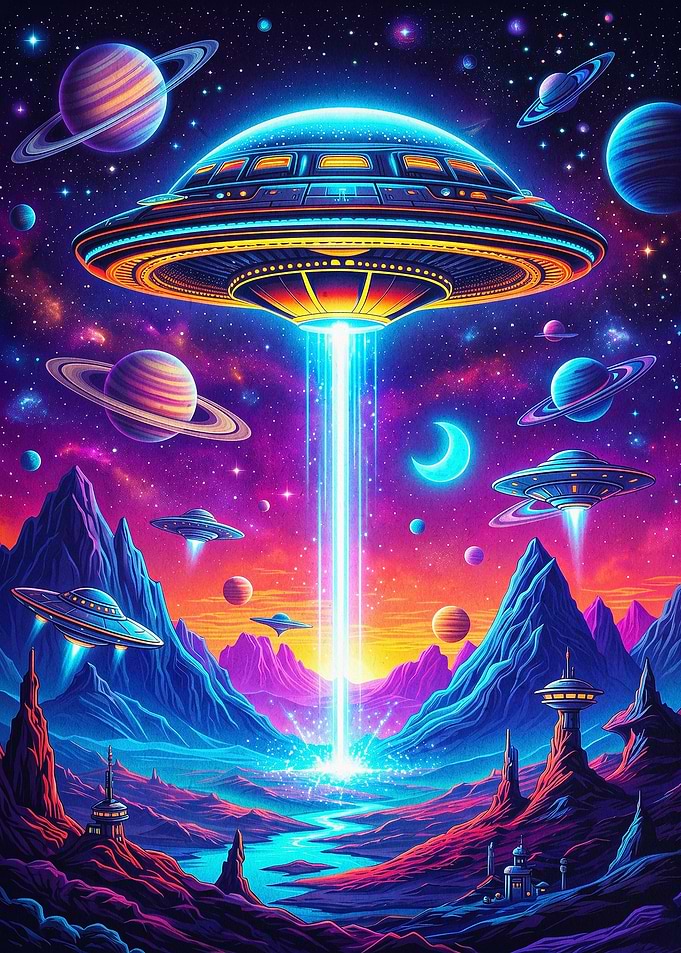 UFO Spaceship Cosmic Neon Art Poste